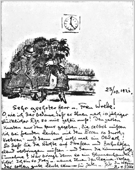 Copyright: Zeichnung und Brief Heinrich Zilles nach einer lustig verlebten Feier am 10. Hochzeitstag von Berta und Otto Wrede 